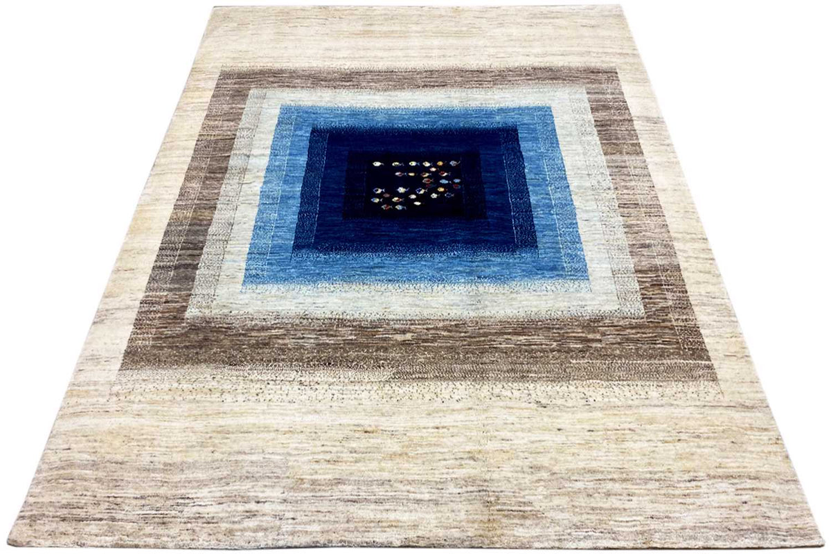 Classic Oriental rug, rectangular borders, cream, brown, blue, central medallion