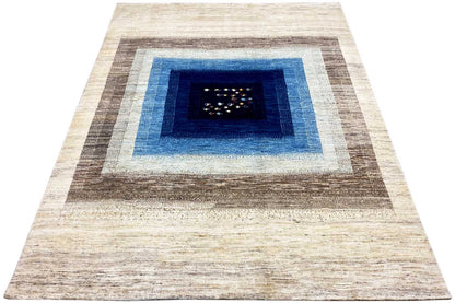 Classic Oriental rug, rectangular borders, cream, brown, blue, central medallion
