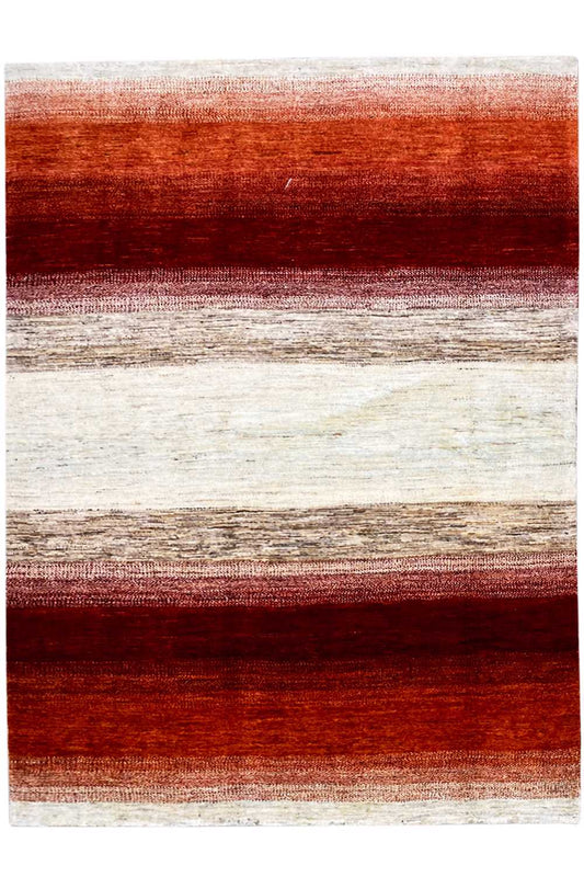 Rug with wide horizontal stripes in terracotta, red, and cream