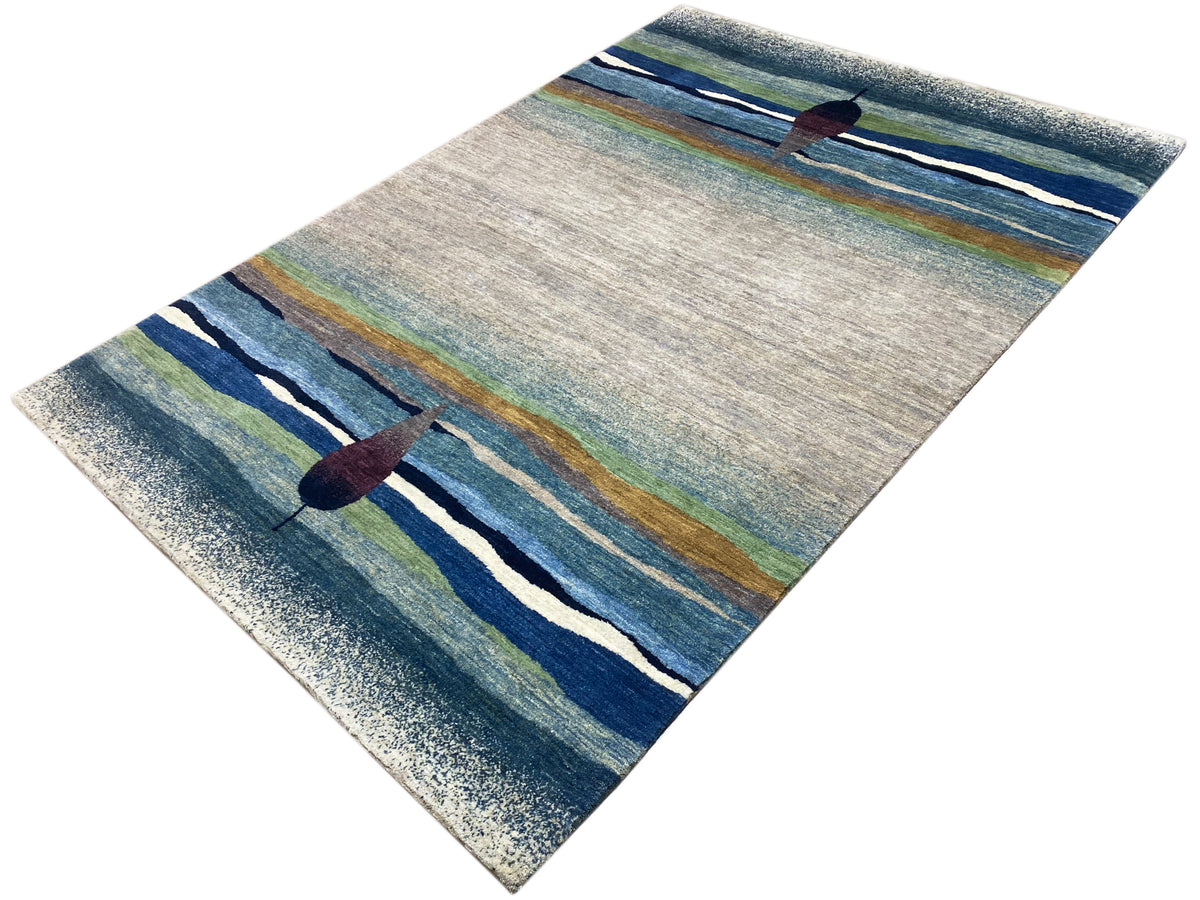 Teppich mit Streifen in Blau, Grün und Beige und burgunderfarbenem Tropfen mittig