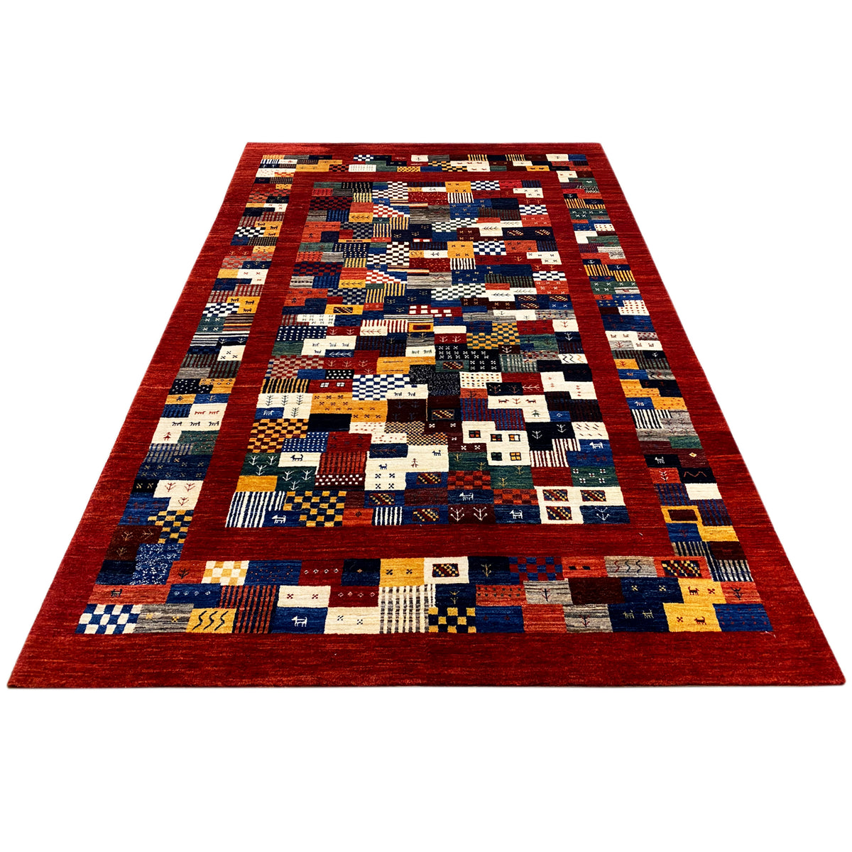 Gabbeh-Luri rug 300x194 cm, large-scale patchwork design with decorative borders in red and blue