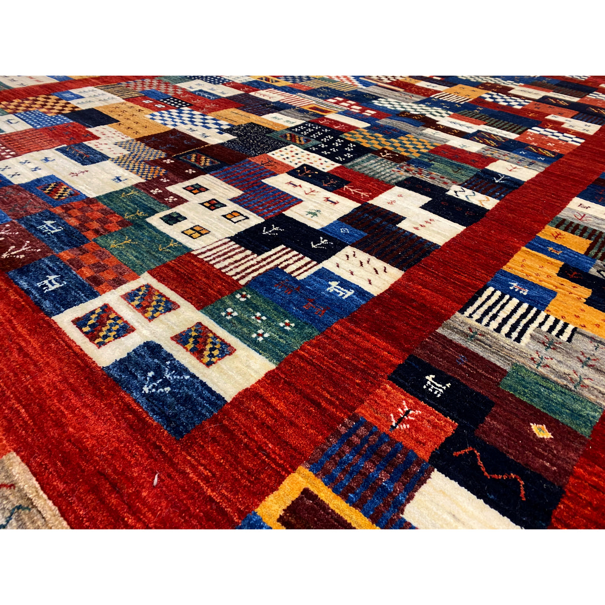 Gabbeh-Luri rug 300x194 cm close-up: colorful squares and ornaments, dense weave structure