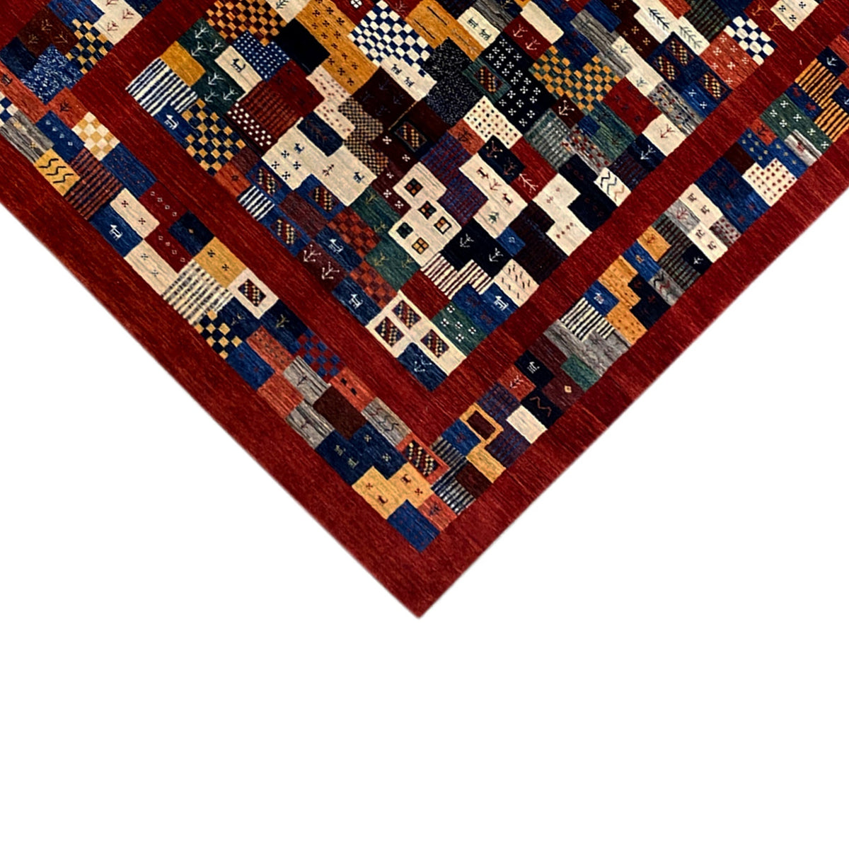 Gabbeh-Luri rug 300x194 cm edge detail, square motifs in blue, red, beige, and green