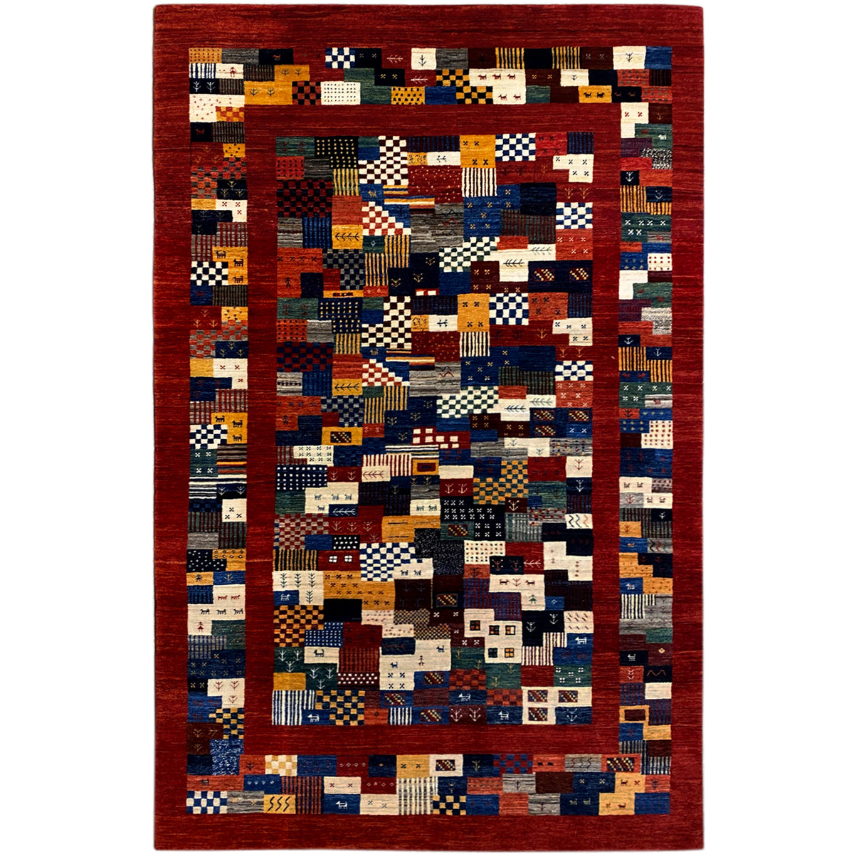 Gabbeh-Luri rug 300x194 cm with patchwork pattern in red, blue, beige, and black