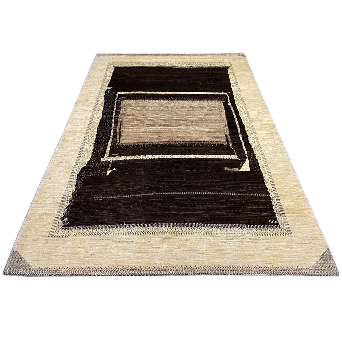Abstract rug with a light border, dark central band, and rectangular frame lines in the interior