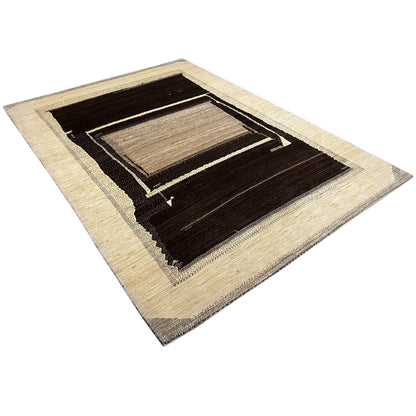 Abstract beige and dark brown rug with a diagonal view of nested square frames