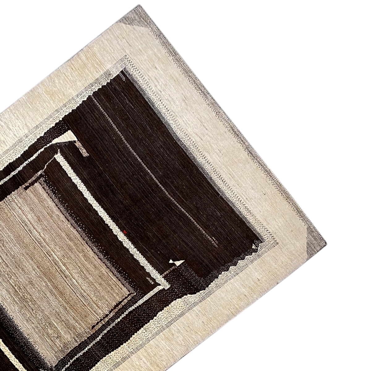 Detailed view of the rug design: dark rectangle with light lines in a light frame