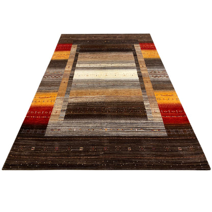 Rectangular Gabbeh-Luri rug, dark brown with gray bands and red accents