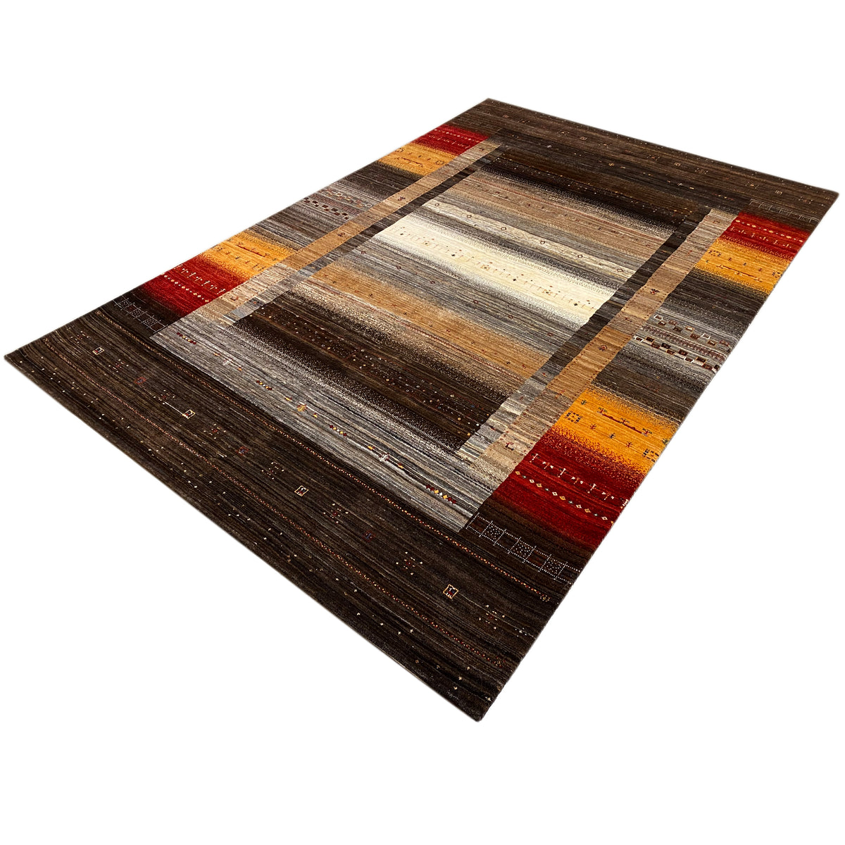 Gabbeh Luri rug spread out, dark brown and gray with a broad pattern in beige and red