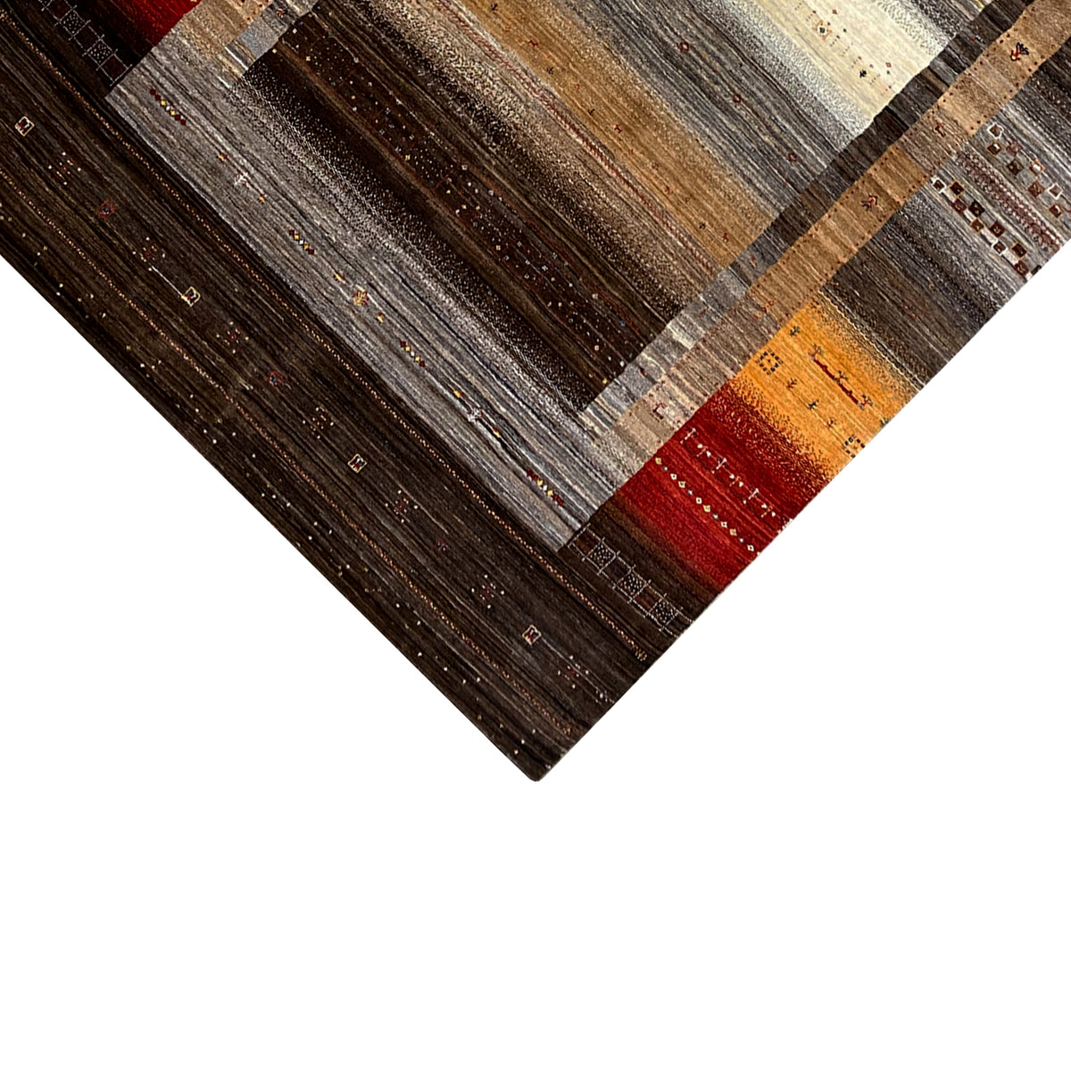 Gabbeh Luri rug corner in detail, dark brown with beige, red, and orange color borders
