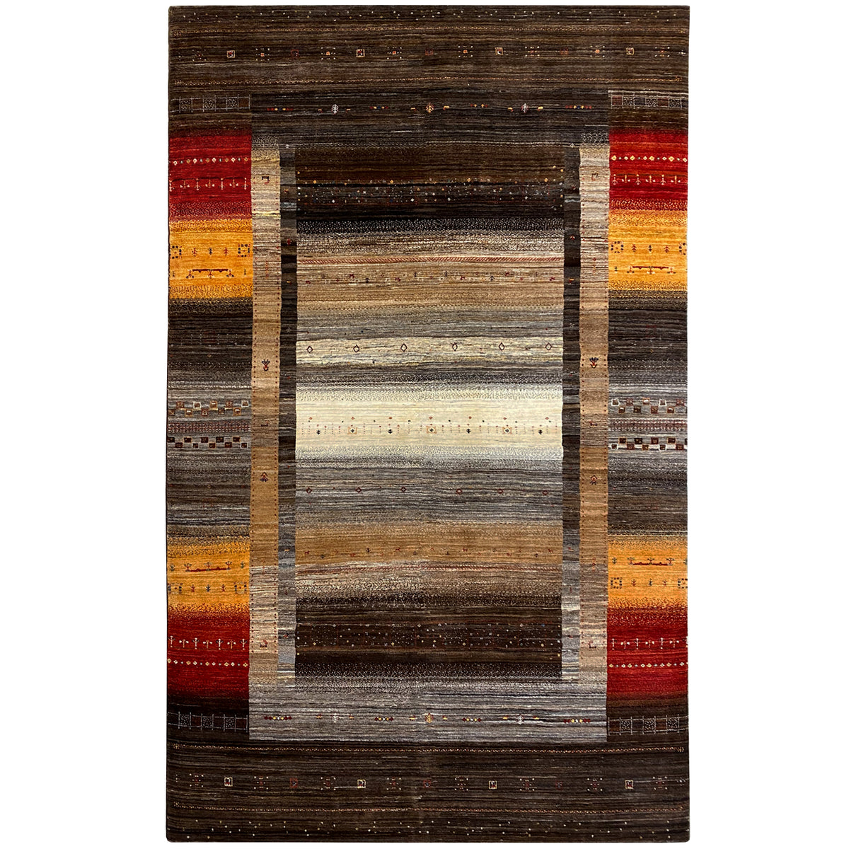 Gabbeh Luri rug with rectangular central motif, brown-gray and red-yellow stripes