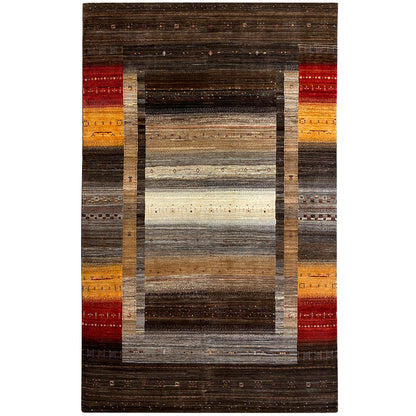Gabbeh Luri rug with rectangular central motif, brown-gray and red-yellow stripes