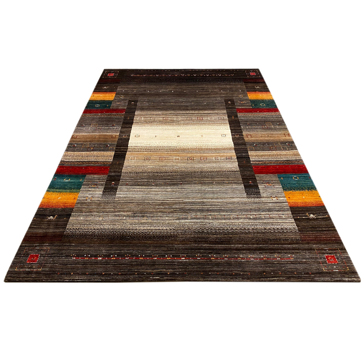 Gabbeh Luri rug, rectangular, brown with a beige central band and colorful blocks