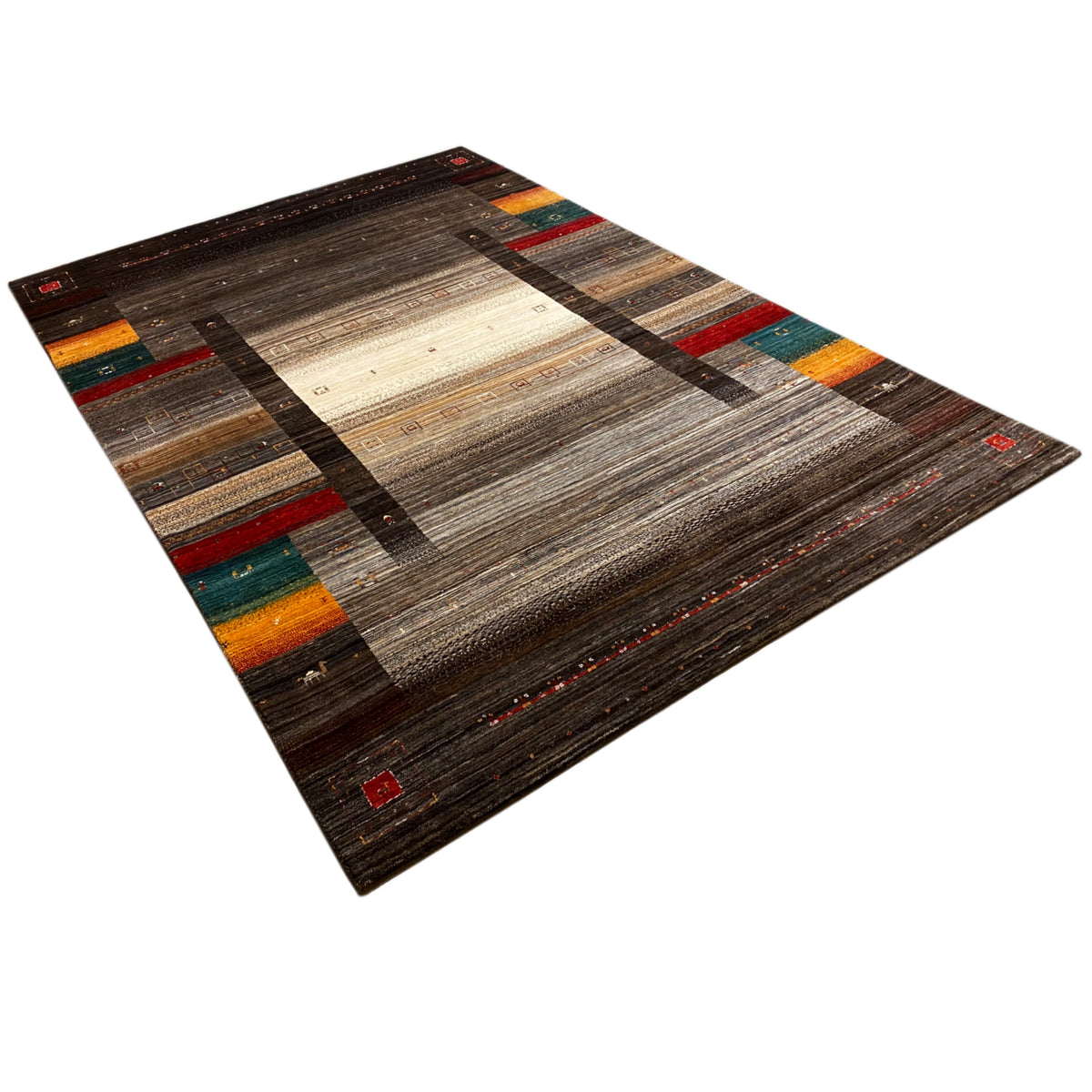 Gabbeh-Luri rug with a brown woven pattern, beige field, and black border stripes