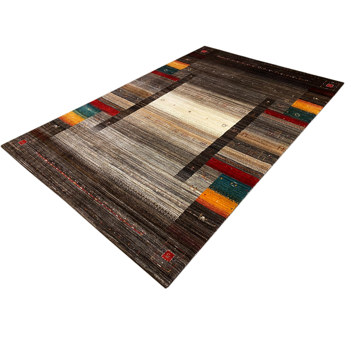 Gabbeh Luri rug with a gray-brown striped look, beige center, and colorful accents