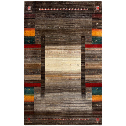 Gabbeh Luri rug with brown patchwork design and beige central stripes