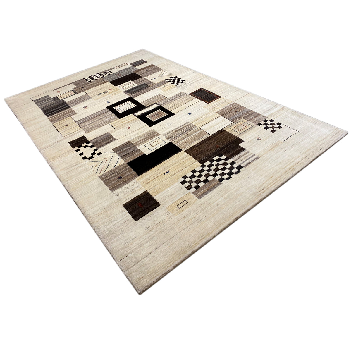 Rug with geometric patchwork in beige, gray, black, and brown (diagonal)