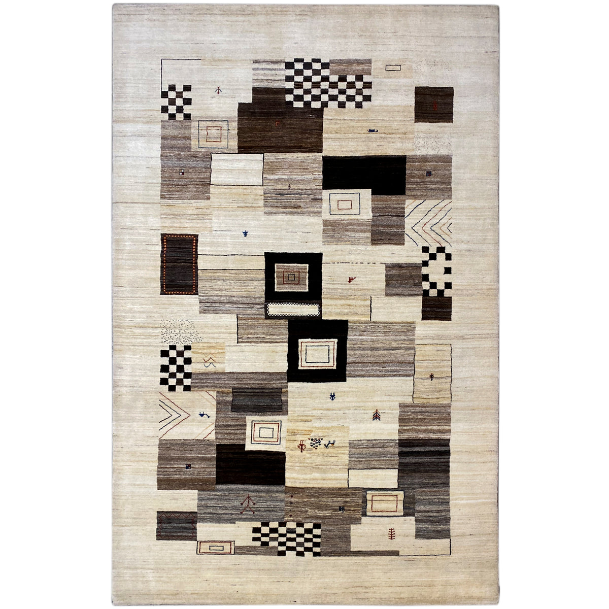 Gabbeh Luri rug, beige patchwork design with geometric squares in black and brown