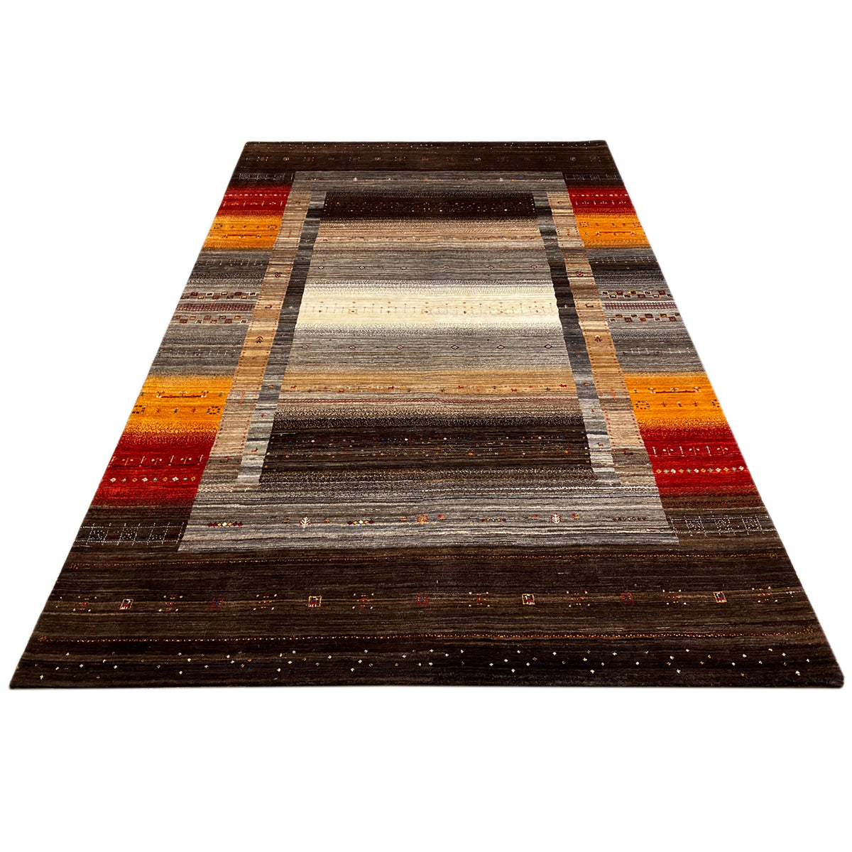Rug in triangular view: dark outer border, central motif in gray, cream, orange, and red