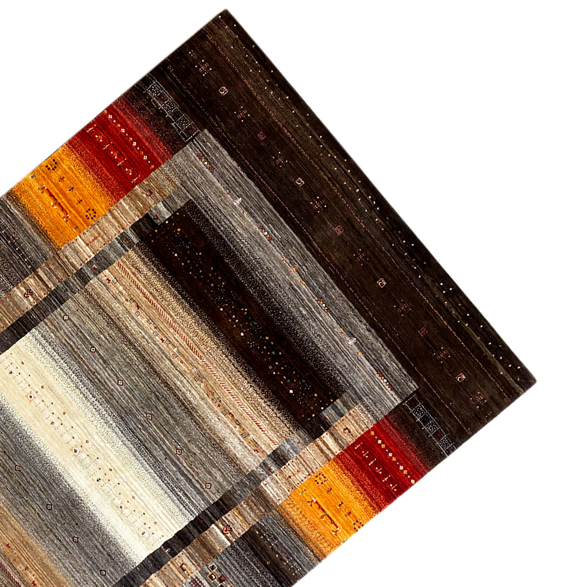 Rug corner: dark brown field with checks and stripes in gray, cream, orange, and red