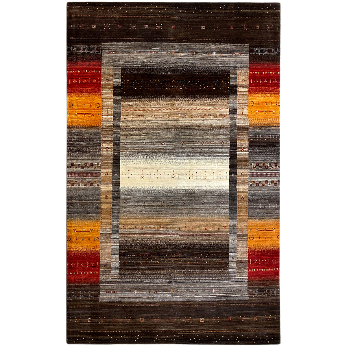 Rug with a rectangular ornamental border, dark brown, gray, cream, orange, and red