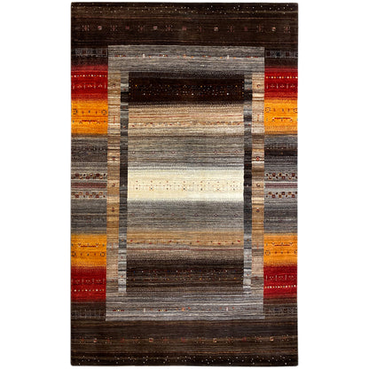 Rug with a rectangular ornamental border, dark brown, gray, cream, orange, and red