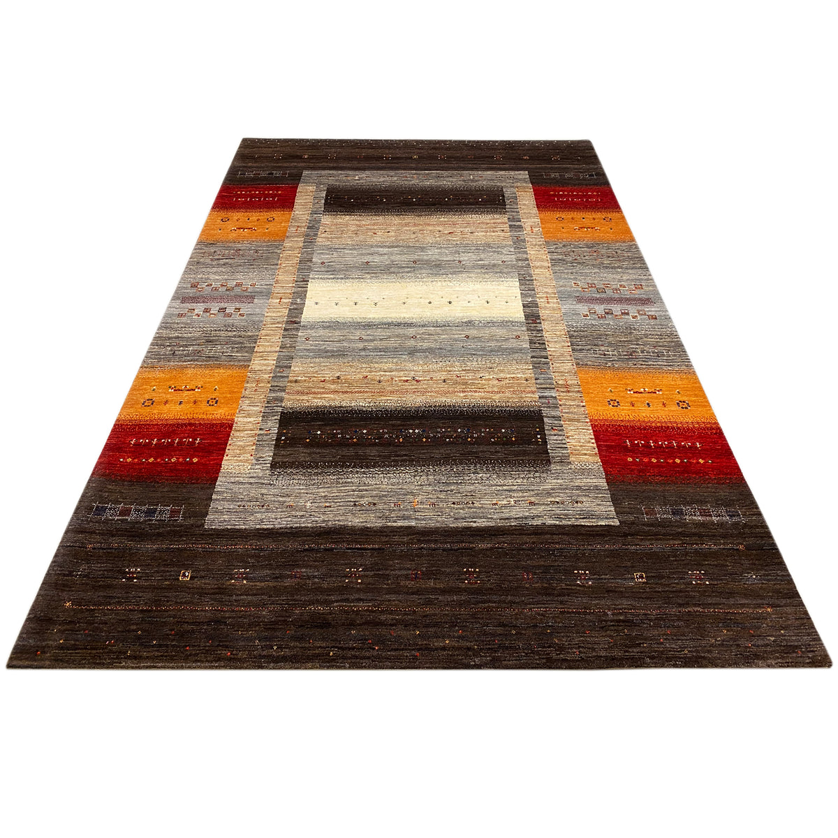 Gabbeh-Luri rug, large border pattern with stripes in brown, gray, red, orange