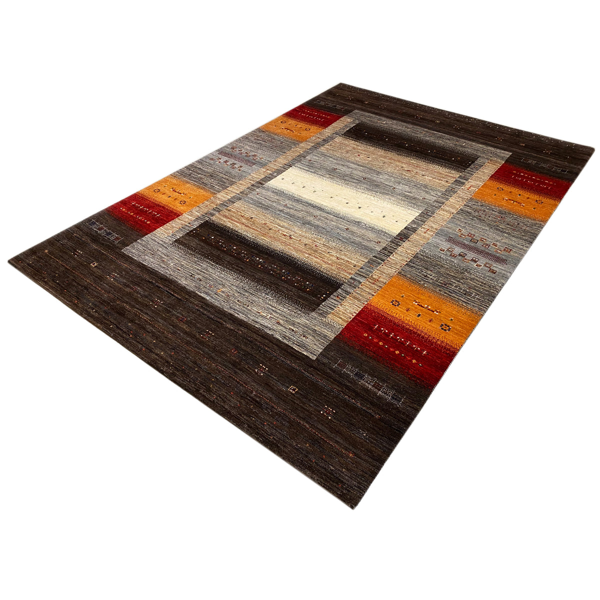 Gabbeh-Luri rug, square frame with areas in brown, gray, orange, and red