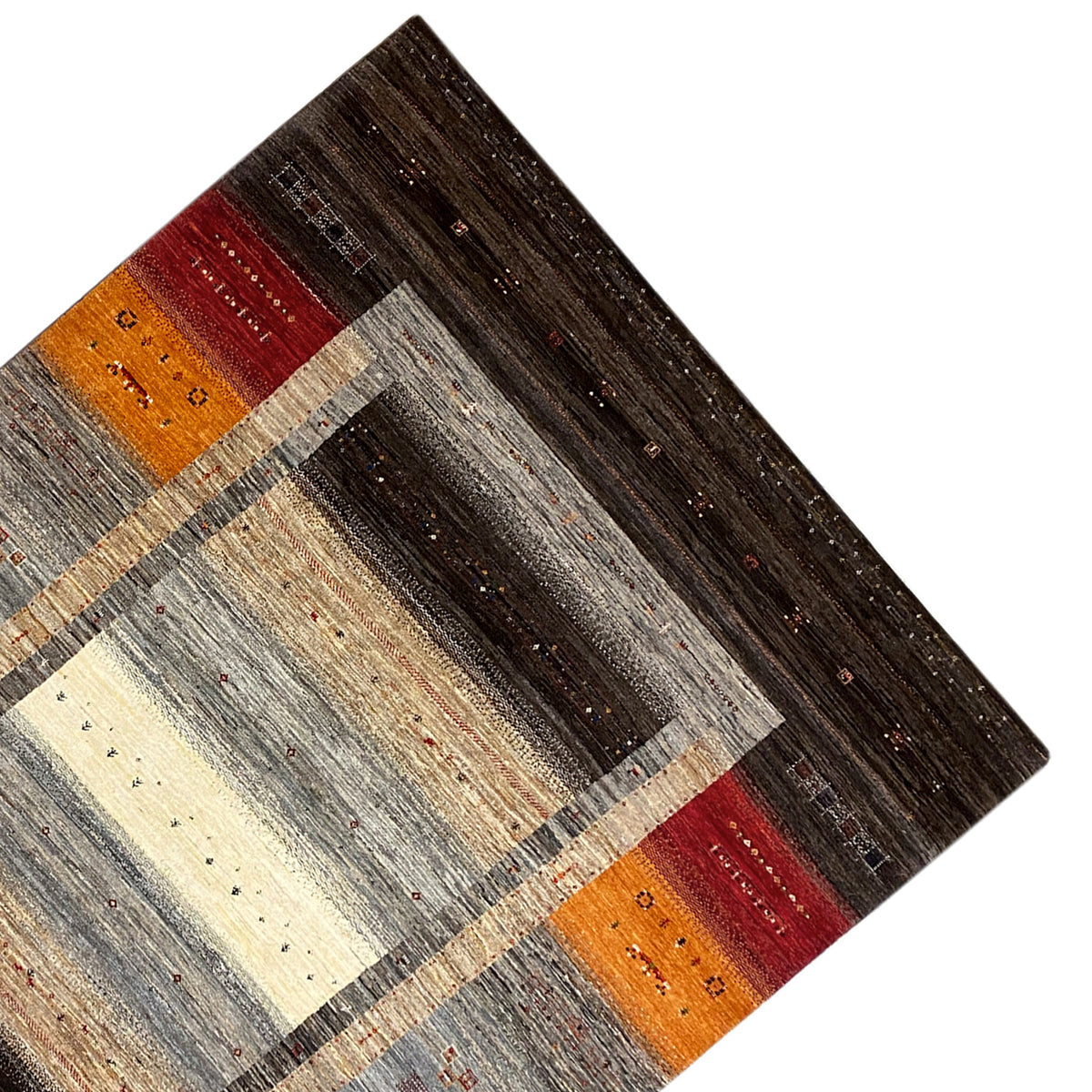 Gabbeh-Luri rug corner with border, dark brown, gray, and red/orange accents