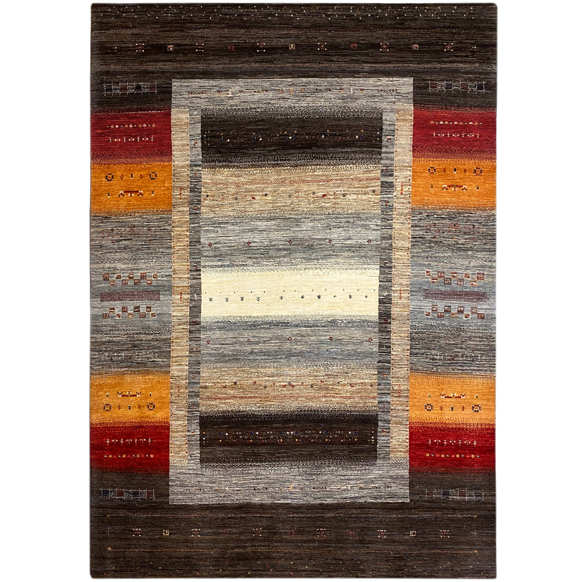 Gabbeh-Luri rug with a framed pattern in brown, gray, orange, and red