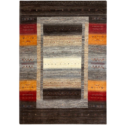 Gabbeh-Luri rug with a framed pattern in brown, gray, orange, and red