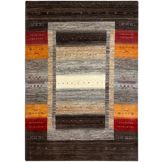 Gabbeh-Luri rug with a framed pattern in brown, gray, orange, and red