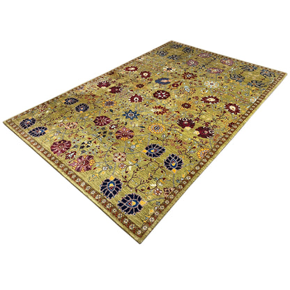 Oriental rug with a colorful ornamental pattern in olive, blue, red, and gold, rectangular