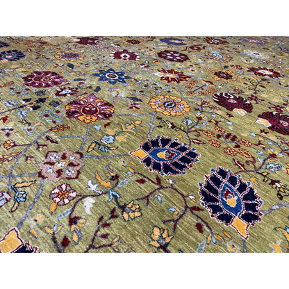 Detailed view: Oriental rug pattern with floral and vine ornaments in blue and red
