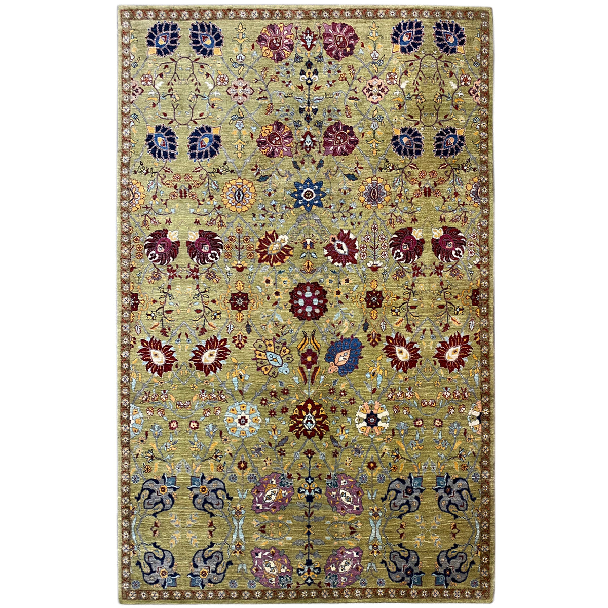 Oriental rug with an abstract pattern in olive, blue, red and gold, rectangular