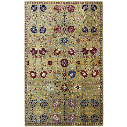 Oriental rug with an abstract pattern in olive, blue, red and gold, rectangular