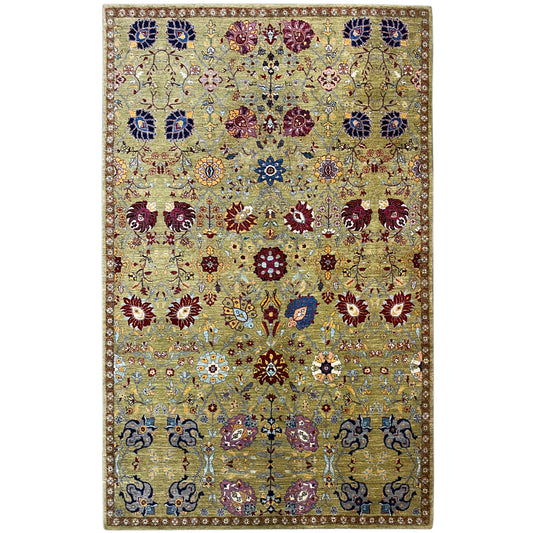 Oriental rug with an abstract pattern in olive, blue, red and gold, rectangular