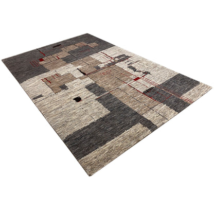Abstract rug with brick patchwork in gray, beige and black, red thread lines