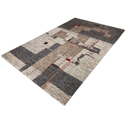 Abstract rug with rectangular gray-beige sections, dark areas, and red lines