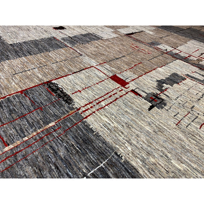 Detailed view: woven low-pile rug with gray stripes and red lines
