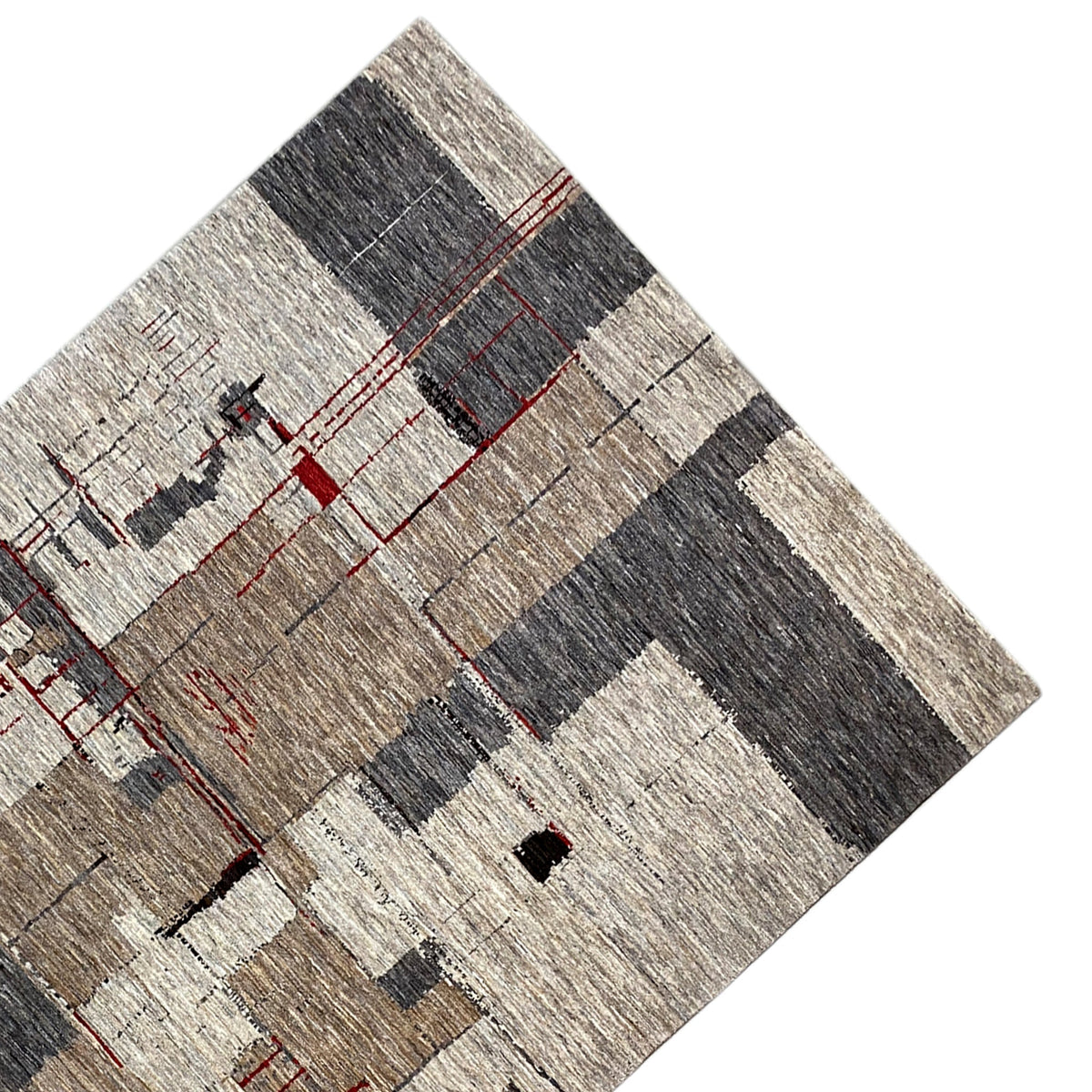 Abstract diagonal rug: light and dark areas with red lines and cross patterns