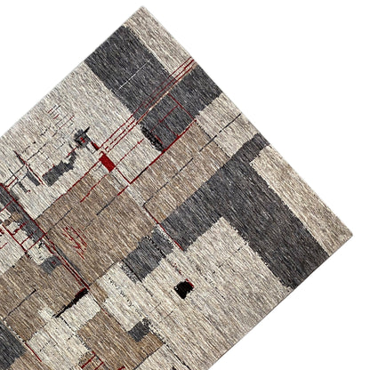 Abstract diagonal rug: light and dark areas with red lines and cross patterns