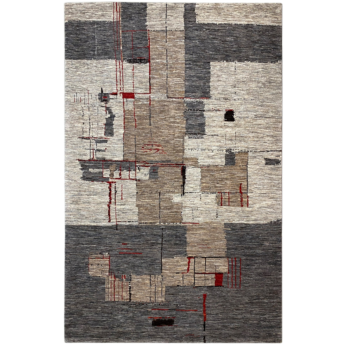 Abstract low-pile rug with gray, beige, and black areas and red lines