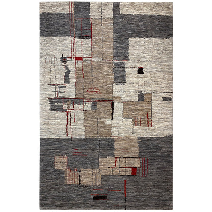 Abstract low-pile rug with gray, beige, and black areas and red lines