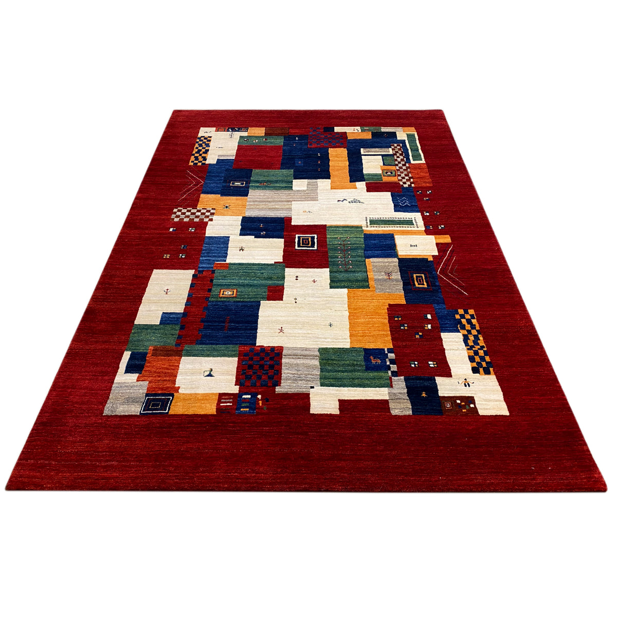 Gabbeh Luri rug, geometric pattern in red with blue and beige areas