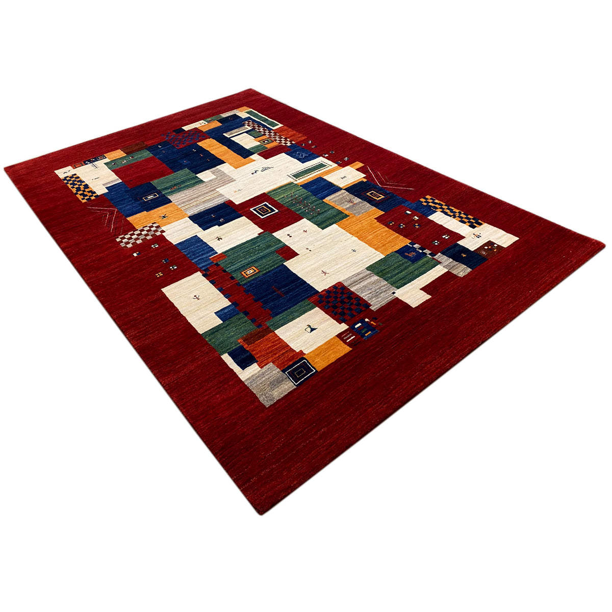 Gabbeh Luri rug with square patterns in red, blue, beige, and green