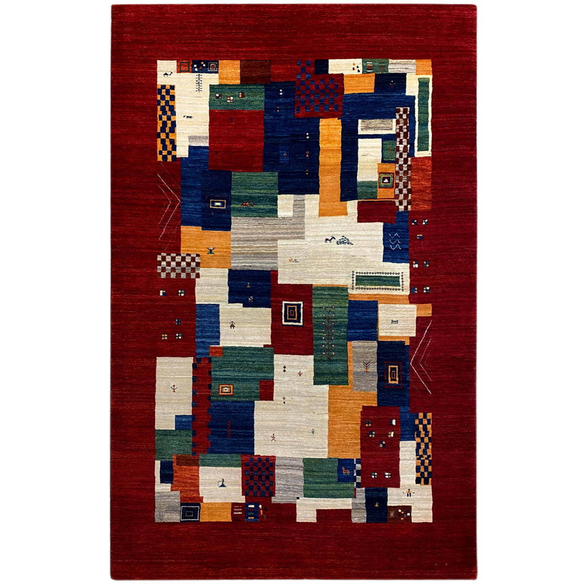Gabbeh Luri rug with geometric patchwork in red, blue, beige and green
