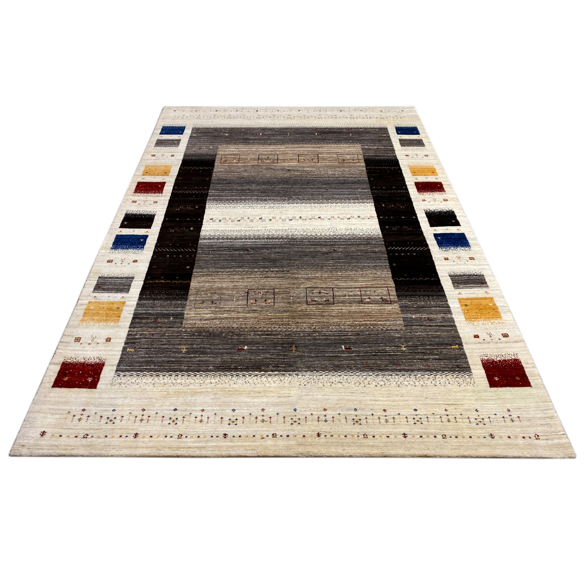Gabbeh-Luri rug, wide black stripes and a light border with colorful accents