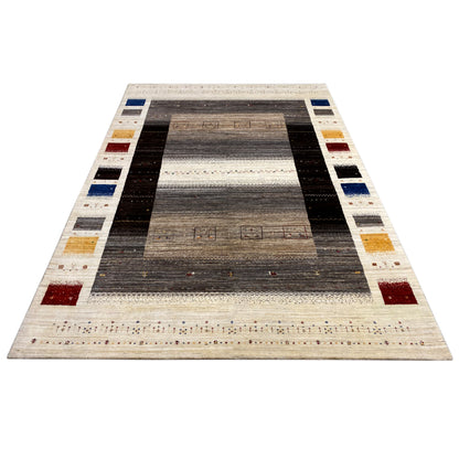 Gabbeh-Luri rug, wide black stripes and a light border with colorful accents