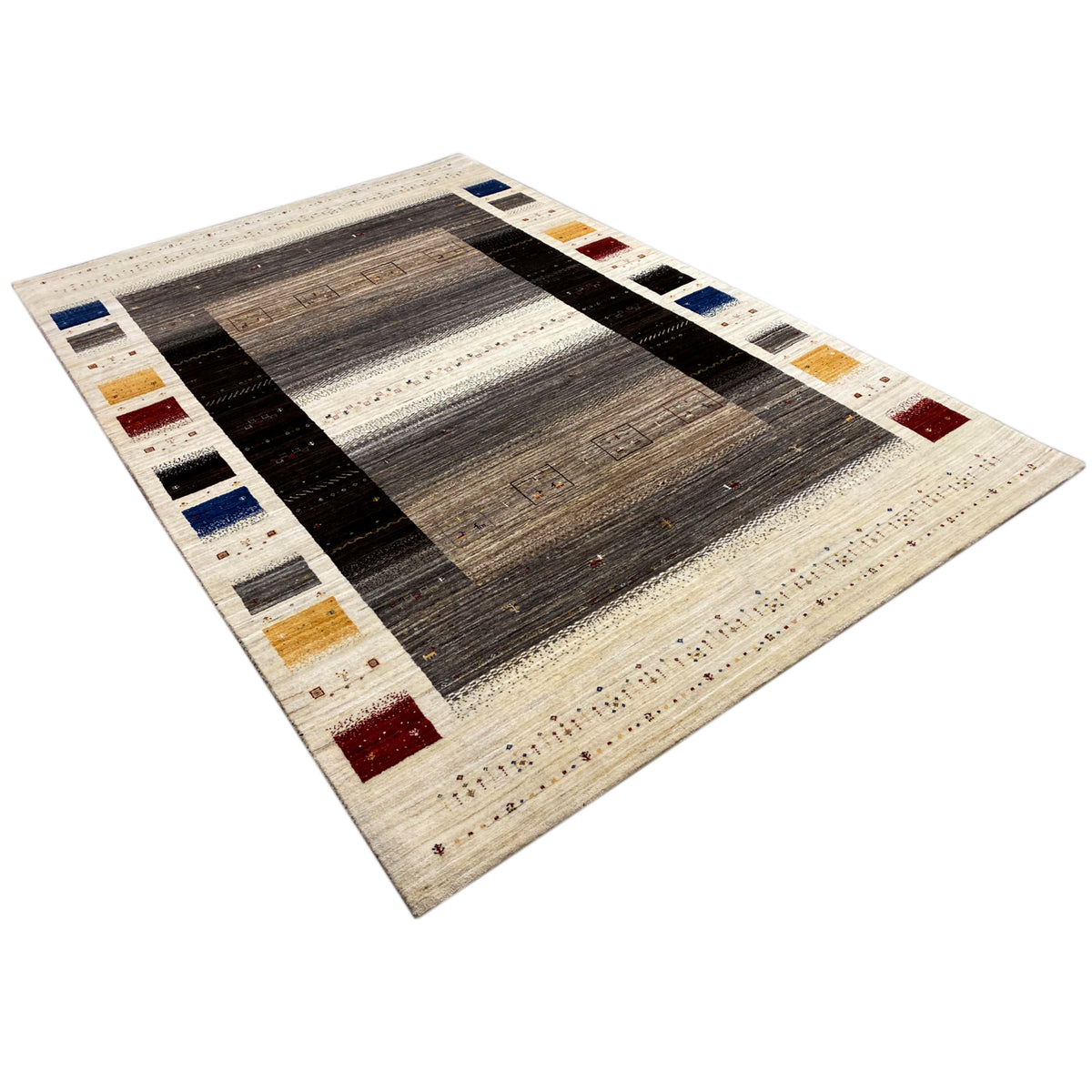 Gabbeh-Luri rug in a vertical format, dark gray-beige block pattern with colorful edges